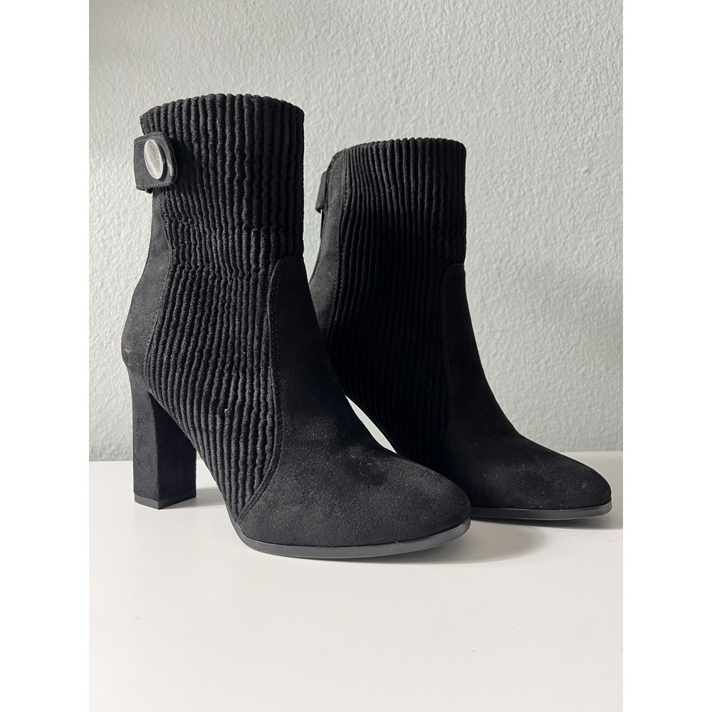 Impo Ankle Boots Women 7M Black Stretch Ribbed Knit Block Heel Sock Booties